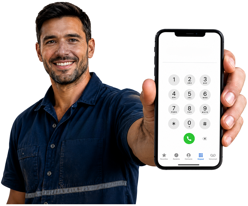 Balmain Blocked Drains plumber holding a phone — call 1300 261 965