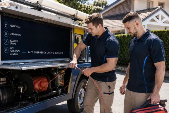 Two plumbers working on a blocked drain in Balmain