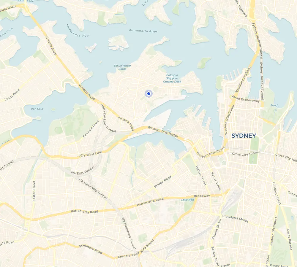 Map of the Balmain service area and the surrounding Inner West, showing Balmain and the nearby streets we cover.