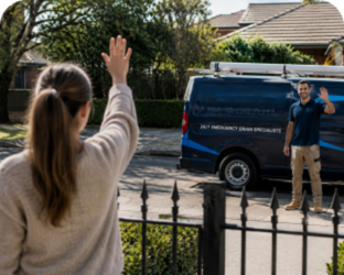 Customer waving goodbye to a Balmain Blocked Drains plumber